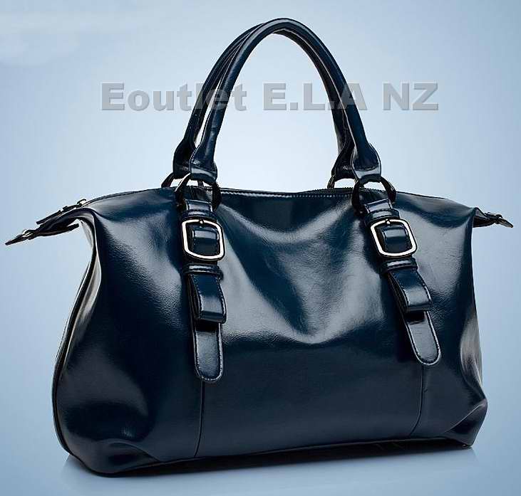 BUCKLE DECO GENUINE LEATHER HANDBAG-BLUE